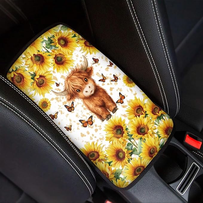 Floral Highland Cow Car Center Console Cover Cute Cattle Automotive Center Console Cushion Protector Non Slip Armrest Box Pad Cute Cow Car Accessories for Women Girls