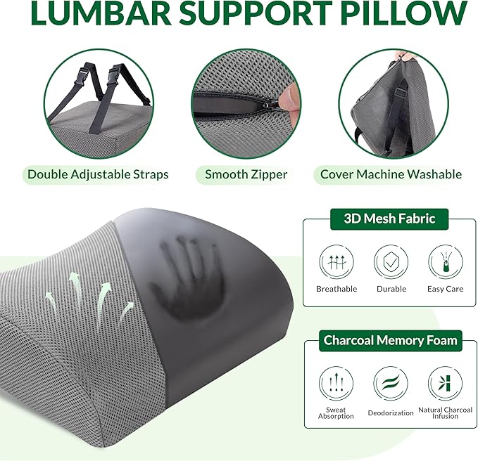 FuturaLoom Seat Cushion & Adjustable Lumbar Support Pillow Set, Charcoal Memory Foam Back & Tailbone Pain Relief, Non-Slip & Washable Cover, for Office Chair, Car Seat, Wheelchair - Grey