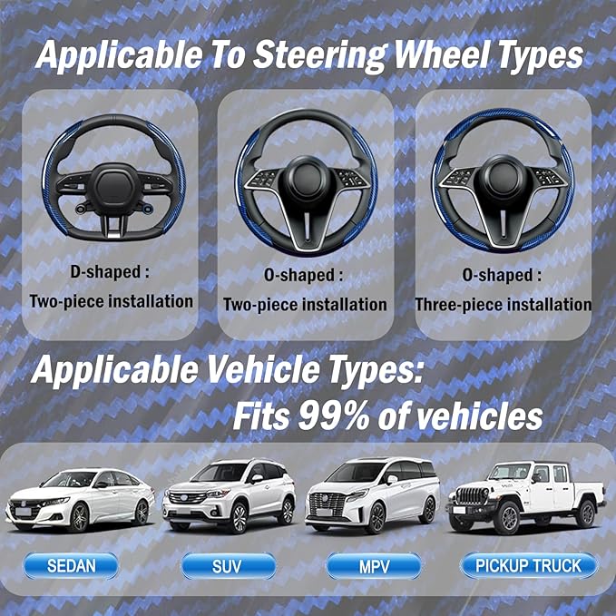 LevChall 3-Piece Carbon Fiber Steering Wheel Cover, Anti-Slip & Segmented Thin Design for Comfort Grip, Universal Fit 99% Cars SUV Truck,Blue