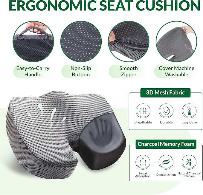 FuturaLoom Seat Cushion & Adjustable Lumbar Support Pillow Set, Charcoal Memory Foam Back & Tailbone Pain Relief, Non-Slip & Washable Cover, for Office Chair, Car Seat, Wheelchair - Grey