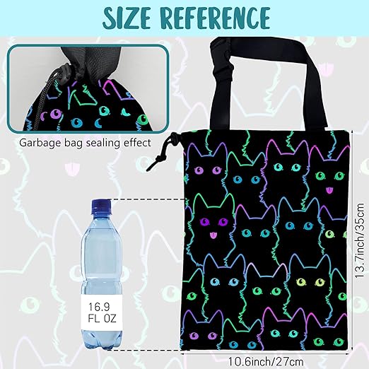 KXWQTRDD Car Trash Bag Cute Neon Cartoon Cat Leak-Proof Waterproof Car Garbage Bag with Drawstring Foldable Canvas Trash Bin with Adjustable Buckle for Car Accessories, Travelling, Camping