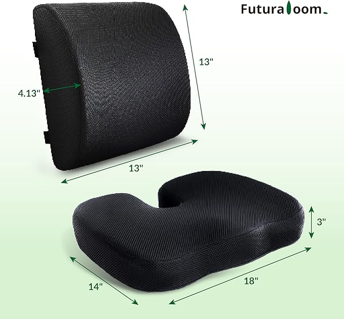 FuturaLoom Seat Cushion & Adjustable Lumbar Support Pillow Set,Charcoal Memory Foam for Sciatica,Back & Tailbone Pain Relief,Washable Cover & Non-Slip,Ergonomic for Office Chair,Car,Wheelchair -Black