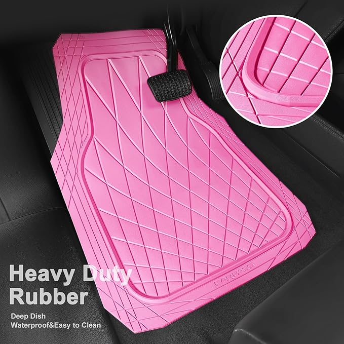 CAR PASS Heavy Duty Rubber Car Floor Mats, Deep Dish All Weather Car Mats Full Set, 3 Piece Waterproof Premium Anti-Slip Floor Mats Rugs Universal Trim to Fit for 95% Sedan SUV Van Truck, Pink