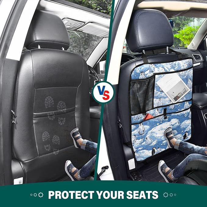 2 Pack Back Seat Car Organizer with Storage Pockets Kick Mats Back Seat Protector Hanging Car Organizer Automotive Seat Back Cover Organizers Blue Penguins Ice Flowers Snow