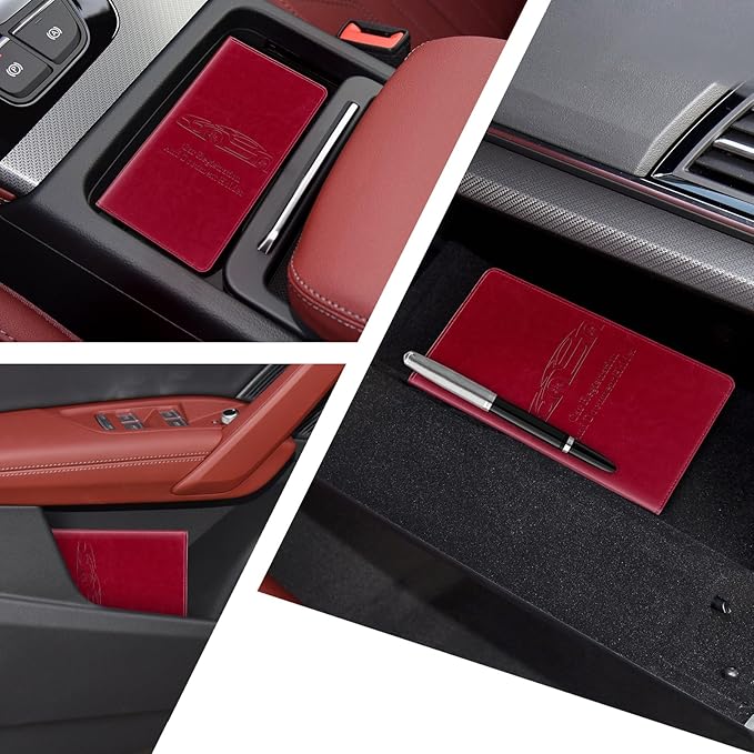 Peisicne Car Registration and Insurance Card Holder for Women Men, Red Glove Box Paperwork Organizer with Magnetic Buckle for Easy Access and Protect Documents and Various Cards in Vehicle