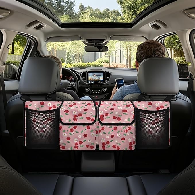 CLOHOMIN Cherry Auto Truck Organizer Daisy Cargo Organizer for Car Pink Car Rear Seat Hanging Storage Bag with 4 Pockets Large Capacity Car Storage Accessories