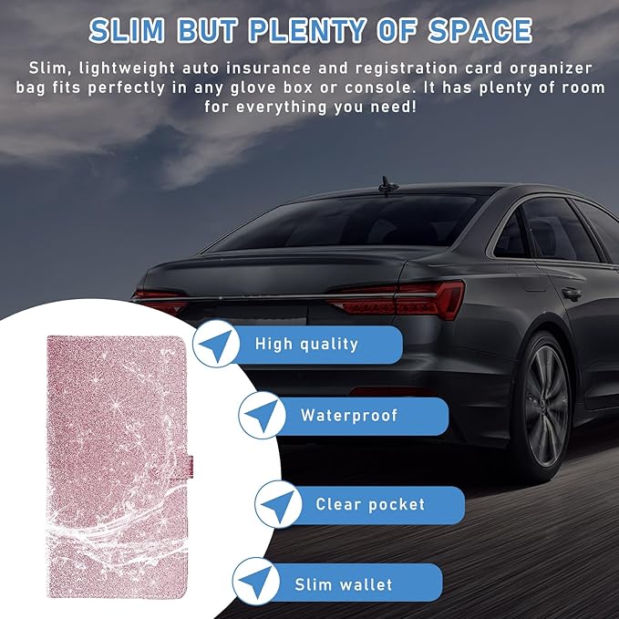 Ziciner Car Registration and Insurance Holder, Auto Card Document Glove Box Organizer with Magnetic Closure, Universal Vehicle Interior Accessories for Cars SUVs (Glitter Pink-Large)