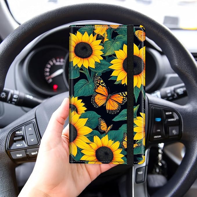 Tudguiloae Car Registration and Insurance Card Holder, Trunk Document Holder Organizer, Essential Vehicle Glove Box Organizer PU Leather Wallet for Driver,Sunflower Butterfly Pattern