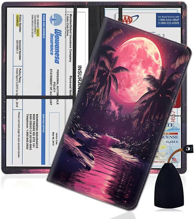 Car Document Holder with Magnetic Shut, Car Registration and Insurance Card Holder, Vehicle Glove Box Organizer Documents, Driver License, Auto Paperwork Organizer Wallet, Under Pink Moonlight Pattern