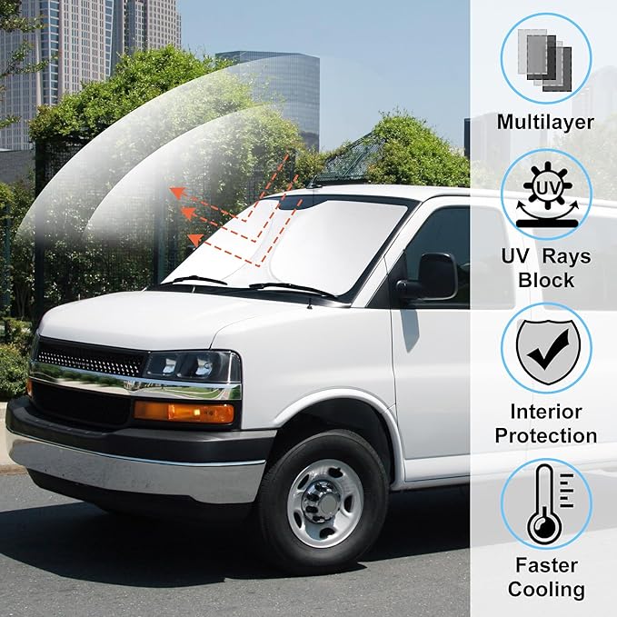 Windshield Sun Shade Compatible with 1996-2024 2025 Chevrolet Express Cargo Van 1500, 3500, 4500, LS, LT Winter Accessories Foldable Sun Visor Protector Keeps Cool