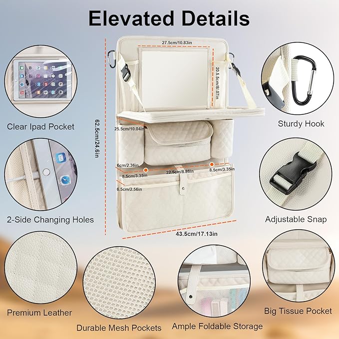Rosynee Car Backseat Organizer with Foldable Table Tray - 11 Storage Pockets PU Leather Back Seat Organizer with Tablet Holder, Seat Back Protector for Kids Family Road Trip Travel Accessories (Beige)