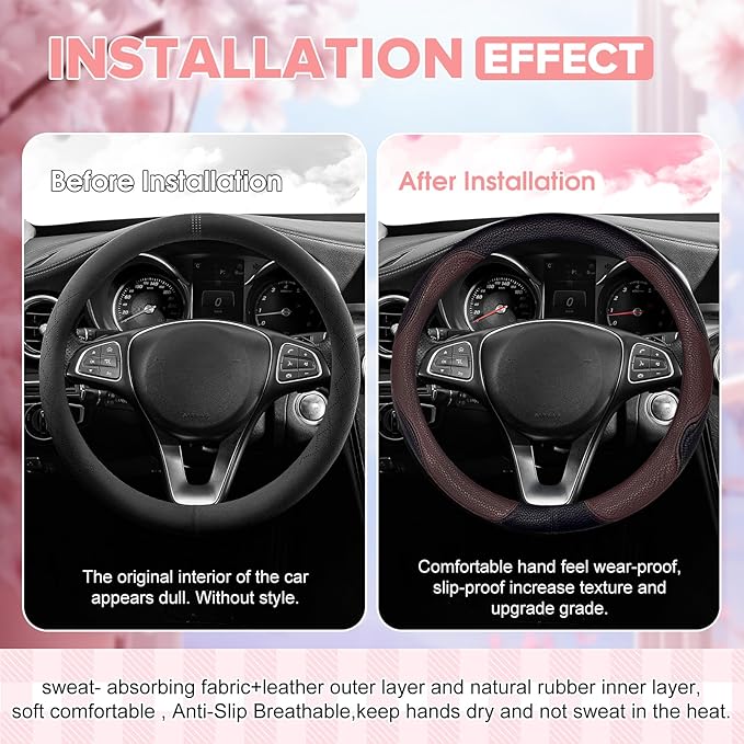 Brown Steering Wheel Cover, Slip-Proof Breathable Comfort PU Imitation Leather Cute Car Accessories for Women Girl, Universal Protector in All Season 15 inch Fit Most Car