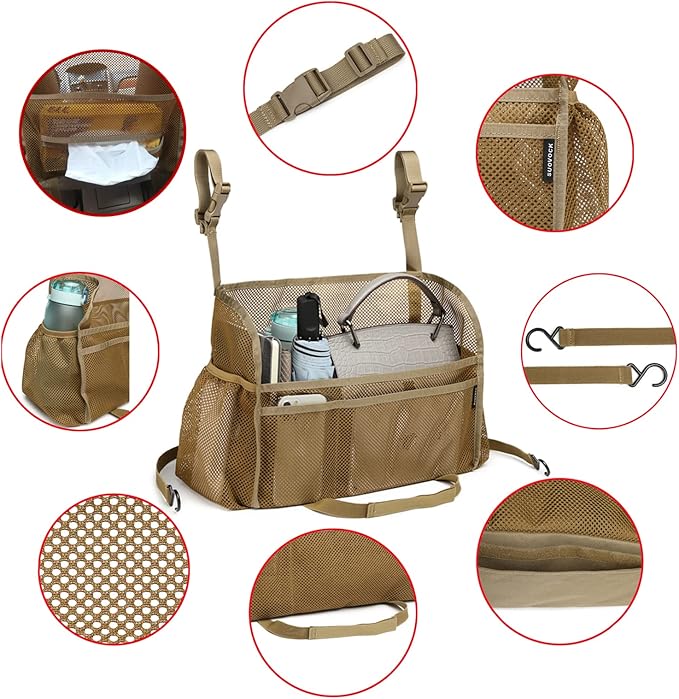 Car net Pocket Handbag Holder, car Purse Holder can be Used to Store Items, Protective Barrier for Children and Pets in The Back seat of car, Helps to Drive Safely (Khaki)