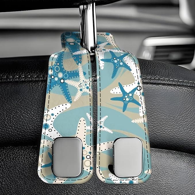 AXBSAKDI Car Seat Back Storage Headrest Hook, Premium Leather Double Metal Hook, Hanger Storage Organizer for Purse Cloth Bag, Car Interior Accessories Cute Blue Seastar