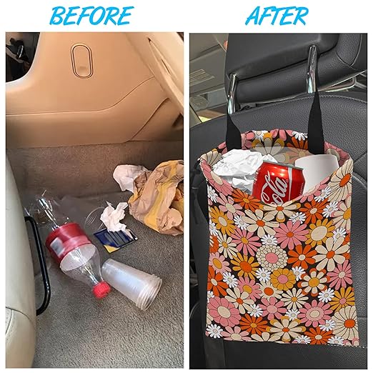 ghatobty Car Trash Bag Vintage Groovy Flowers Car Garbage Bag Hanging Car Trash Can