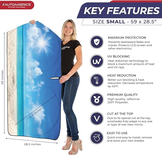 1-Piece Windshield Sun Shade - Foldable Car Front Window Sunshade for Cars SUV Truck Heat Blocker Visor Protector Blocks Max UV Rays and Keeps Your Vehicle Cool (SMALL = 59 x 28.5 inches, Sunny Beach)