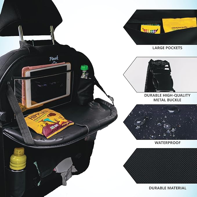 PINUK Car Backseat Organizer with Built-in Foldable Tray | Double Layered Leather, Waterproof Car Seat Organizer with - Pockets | Easy Installation, Perfect for Family Trips and Daily Use