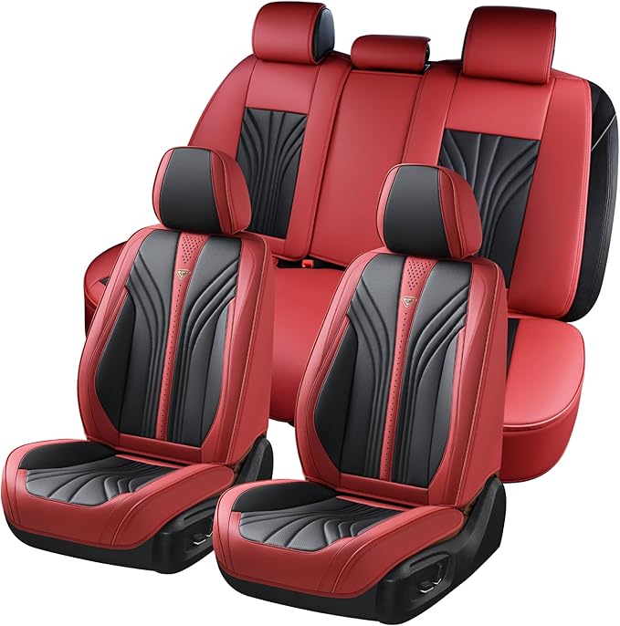 FLORICH Leather Seat Covers Full Set, Luxury 5 Seats Universal Black and Red Seat Cover for Cars, Waterproof Seat Protectors, Leatherette Automotive Vehicle Cushions for Most Cars SUV Trucks