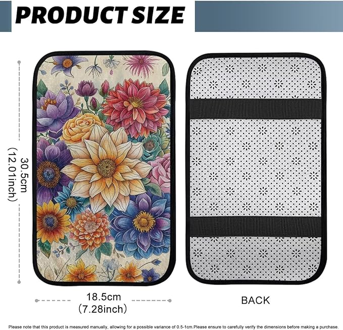 Bulopur Colorful Flowers Car Center Console Cushion Pad Flannel Center Console Cover Easy to Install Car Decor Accessories Auto Universal Car Interior Accessories Car Arm Rest Cover