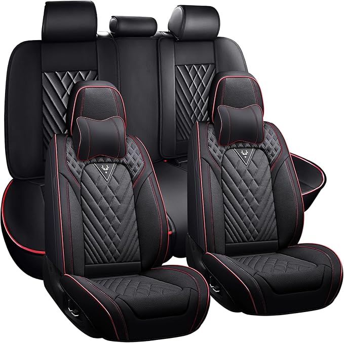 for Kia Sportage Car Seat Covers Full Set,Leather Seat Covers for Car,Lumbar Muscle Pain Healing Function,Waterproof Automobile Seat Protector with Lumbar Support(Black Red with Pillow)