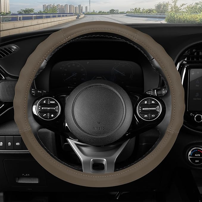 Motor Trend Soft Touch Leather Beige Steering Wheel Cover with Grooves, Advanced Traction Universal Fit for Standard Sizes 14.5 15 15.5 inches