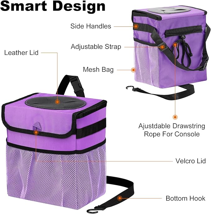 GPUSFAK Car Trash Can Foldable Garbage Bin Leakproof 2.3 Gallons Car Trash Bag Purple