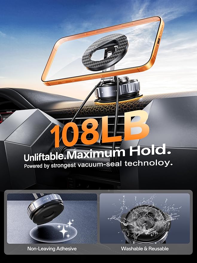 2026 Upgraded Car Phone Holder for Magsafe [108LBS Strongest Suction] 360° adjustable vacuum magnetic phone holders, cell phone car mount for iPhone 17 Pro Max 16 15 14 13 Air Plus (Rose Gold)