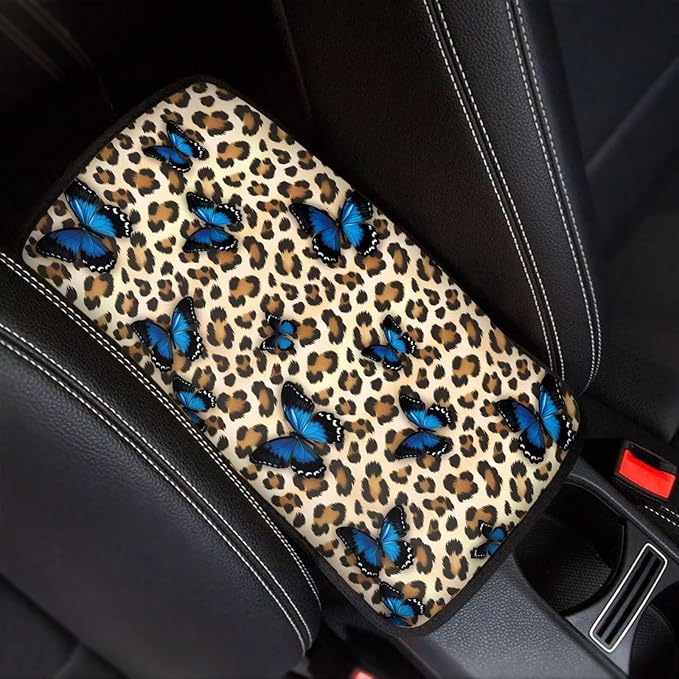 Butterfly Leopard Car Armrest Cover Pad for Women Girls Non Slip Cheetah Print Center Console Cushion Dustproof Car Armrest Box Protector Cover Breathable Soft