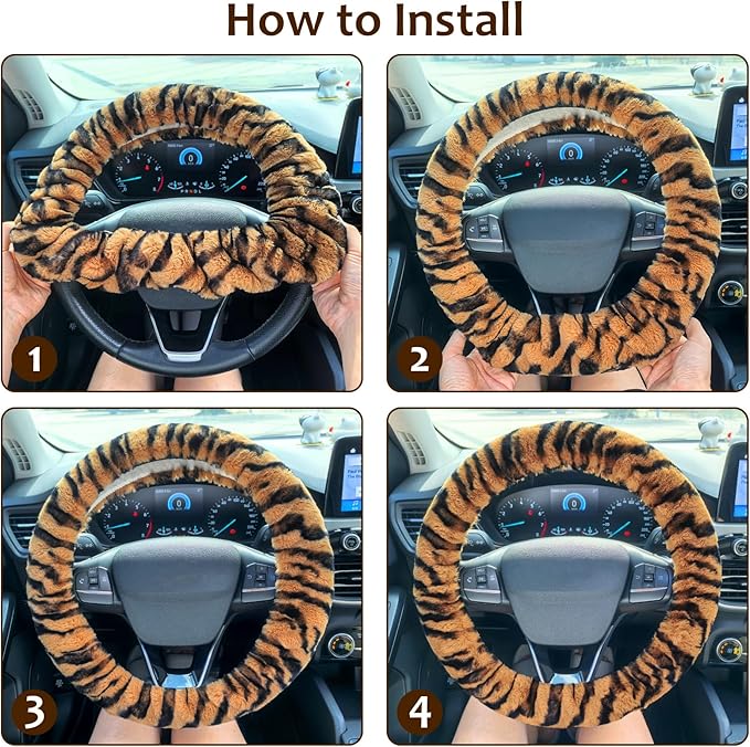 Accmor Fluffy Car Steering Wheel Cover, Universal Fuzzy Auto Wheel Cover & Handbrake Cover & Gear Shift Cover Set, Anti-Slip Tiger Stripe Warm Fur Vehicle Wheel Protector Car Accessories for Men Women