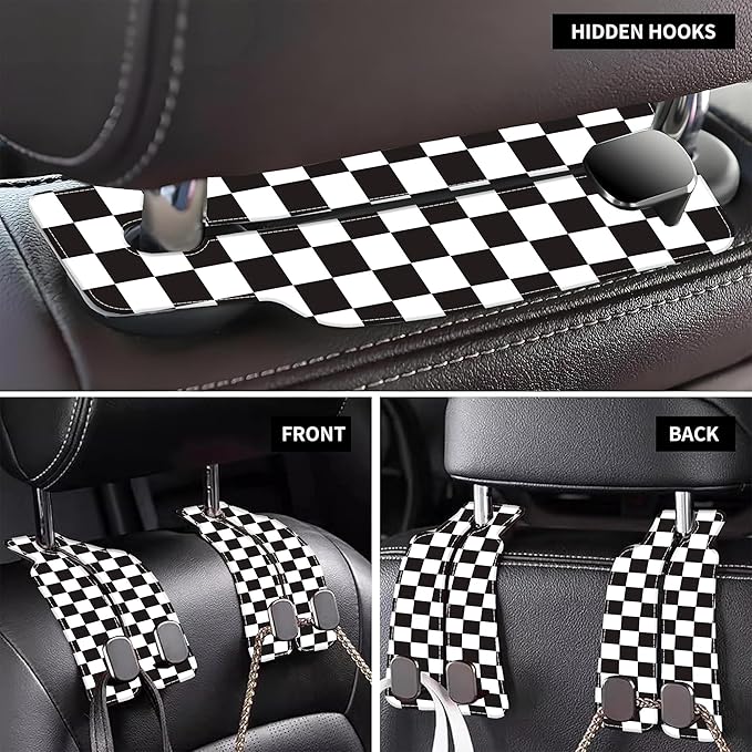 AEWNUNK Car Headrest Purse Hanger Black and White Checkered 1 Pack Bag Purse Holder for Car Premium Leather Double Metal Hook for Handbags, Grocery Bags and Phones