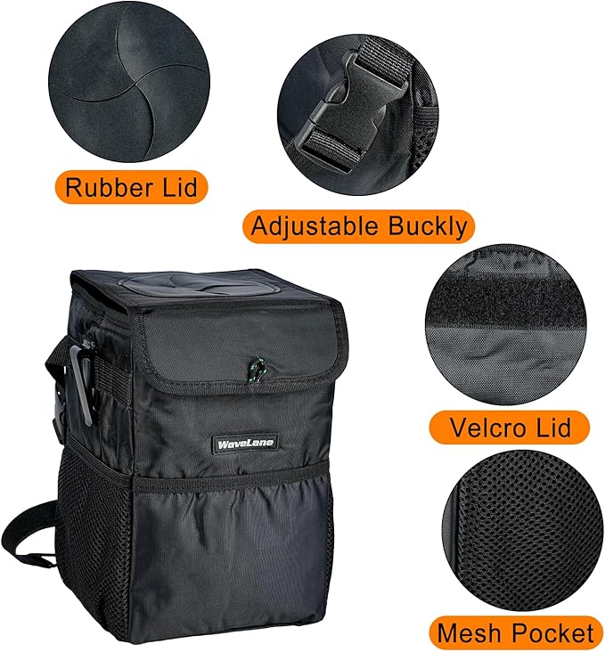 Car Trash Can with Lid - Car Trash Bag Hanging Waterproof with Storage Pockets, Collapsible and Portable Multipurpose Trash Bin for Back/Front Seat/Console, 1.85 Gallons, Black