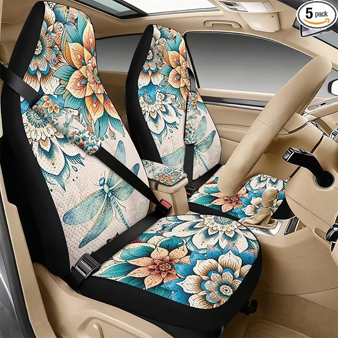Psesaysky 5-Piece Car Accessories Set, Boho Flower Dragonfly Universal Fit PU Leather Seat Covers with Seatbelt Pads and Armrest Cover for Cars, Trucks, SUVs, Vehicle Decor