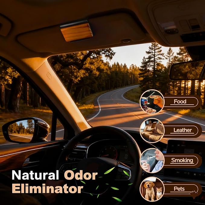 Wood Car Air Freshener - Natural Odor Eliminator & Long Lasting Scent Diffuser for Visor Clip - Car Interior Accessories for All Vehicles (Amber Starter Kit)