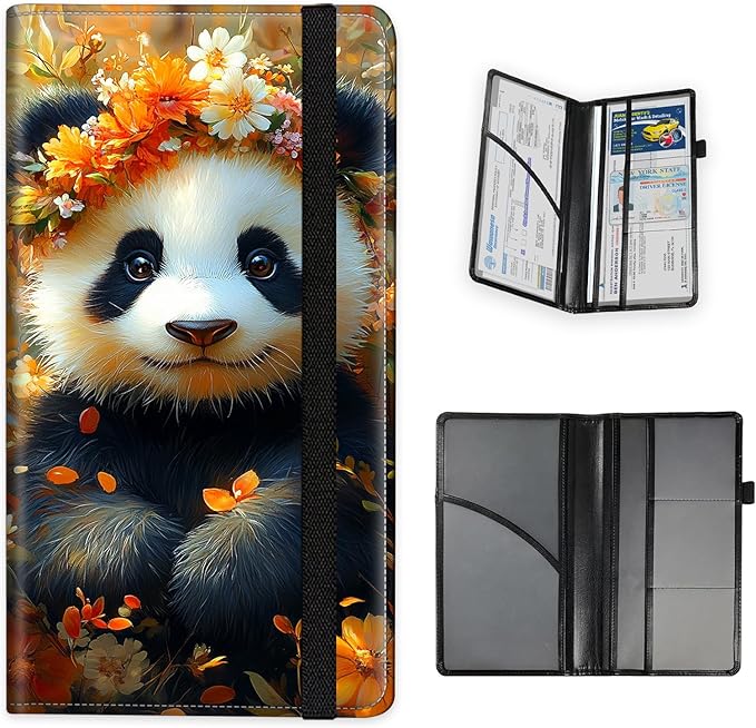 Tudguiloae Car Registration and Insurance Card Holder, Trunk Document Holder Organizer, Essential Vehicle Glove Box Organizer PU Leather Wallet for Driver,Panda with Flower Crown
