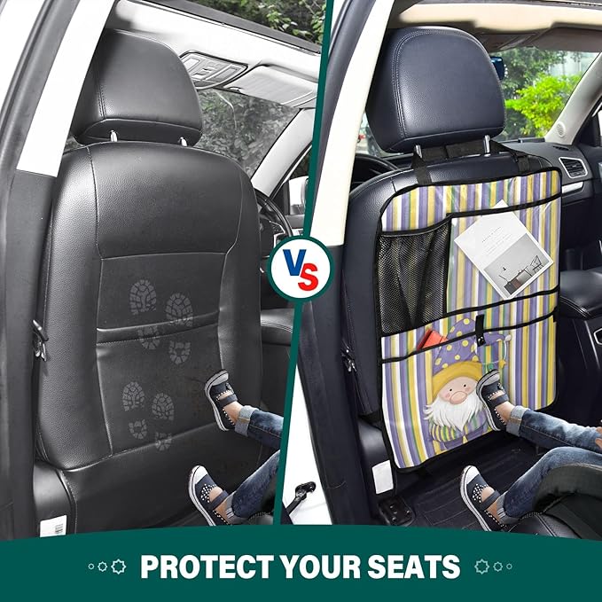 1 Pack Back Seat Car Organizer with Storage Pockets Kick Mats Back Seat Protector Hanging Car Organizer Automotive Seat Back Cover Organizers Stripe Mardi Gras Gnome