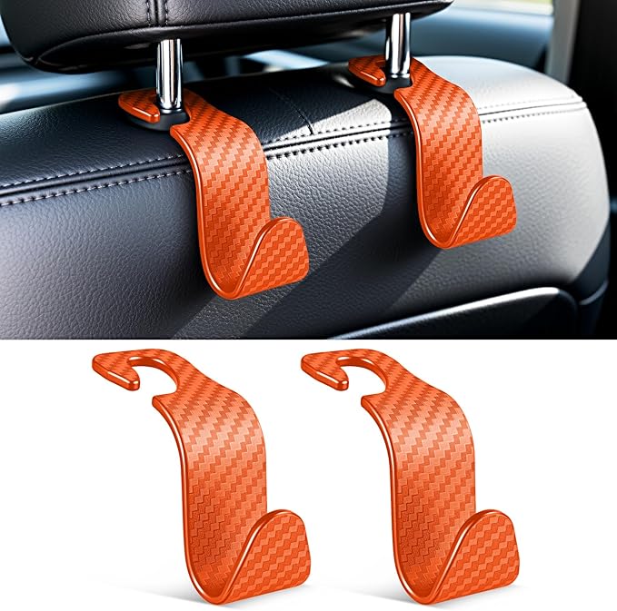 SINGARO Universal 2 Pack Car Seat Headrest Purse Hook, Carbon Fiber Back Seat Hook Storage Organizer Hanger for Purse Handbag Coat, Car Interior Accessories(Orange)