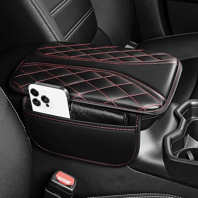 Car Center Console Cover Fit for Subaru Impreza Leather Car Armrest Cover Cushion with 2 Pockets(Black&Redline)