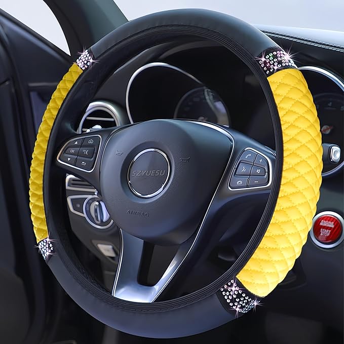 Bling Soft Leather Steering Wheel Cover 15 Inch with Sparkly Diamond Rhinestones for Women and Girls – Elastic Car Accessory for Most Cars (Yellow)