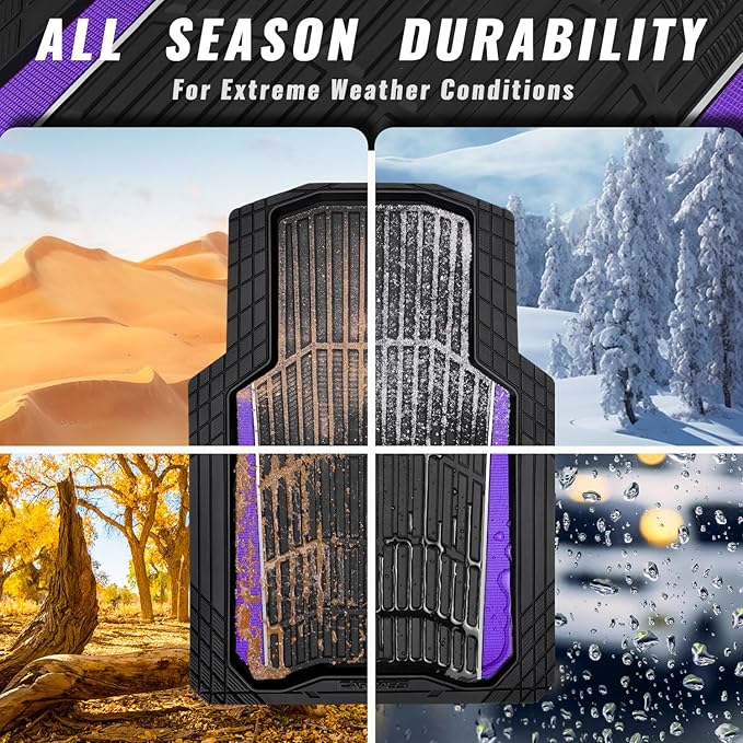 CAR PASS Heavy Rubber Car Floor Mats, Deep Waterproof Car Floor Mats All Weather, Aluminum Film Universal Trim to Fit for Cars SUV Trucks Sedans, Anti-Slip, Black Purple Metallic