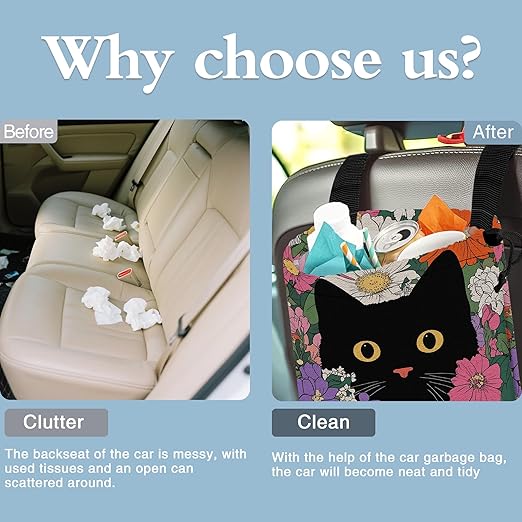 Black Cat on Colorful Flowers Car Garbage Bag,Small Car Trash Bag Hanging,Drawstring Car Garbage Bag with Adjustable Buckle for Car Back Seat,SUVs,Camping,Road Trips