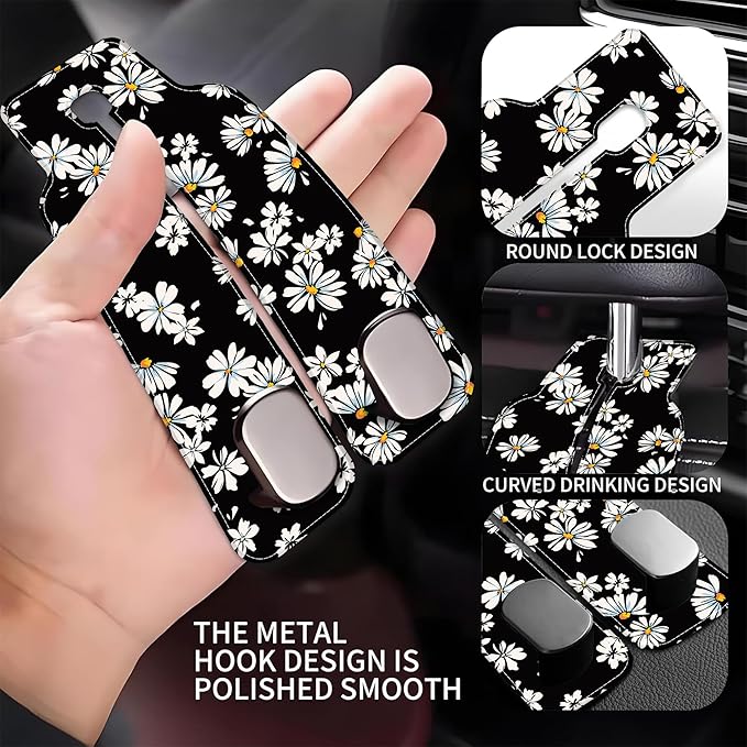 AEWNUNK 1 Pack Car Seat Headrest Hooks for Purses and Bags Watercolor Daisy Floral Bag Purse Holder for Car with Double Metal Hooks Car Purse Hanger Hanging Accessories