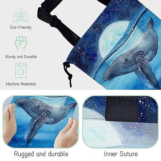 NHNXHWIA Watercolor Blue Whale Car Garbage Bag,Moon Starry Night Waterproof Small Car Trash Bag Hanging Back of Seat,Drawstring Hanging Car Trash Bag with Adjustable Buckle for Car Accessories