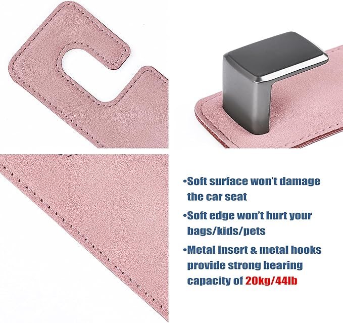 Amooca Car Seat Back Hook Universal Auto Storage Hanger Suede with Metal Car Seat Organizer for Handbag Purse Coat Umbrellas Grocery Bags 2 Pack Pink