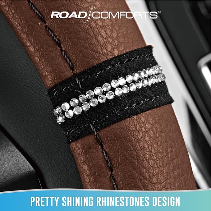 Road Comforts Leopard Steering Wheel Cover - Made with PVC Leather Cheetah Print - Anti-Slip, Universal Fit 14 1/2 inches to 15 inches - Brown