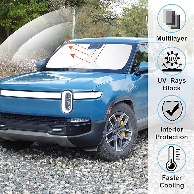 Windshield Sun Shade Custom Fit for 2022 2023 2024 2025 Rivian R1T Accessories Foldable Sunshade Sun Blocker Protect Car from Sun Rays & Heat Damage Keep Car Cooler