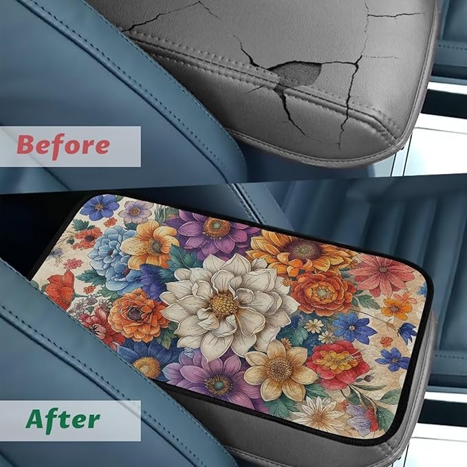 Bulopur Hippie Flower Armrest Cover Car Center Console Cover Easy to Install Car Armrest Cushion Flannel Protector Protect from Pet Claws Thickened Fit for Most Cars, Vehicles, SUVs