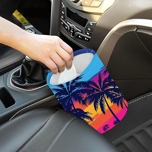 KXWQTRDD Car Garbage Bag Blue Palm Trees at Sunset Mini Car Trash Bin Portable Collapsible Waterproof Rubbish Bag for Car Accessories Back Front Seat Cup Holder