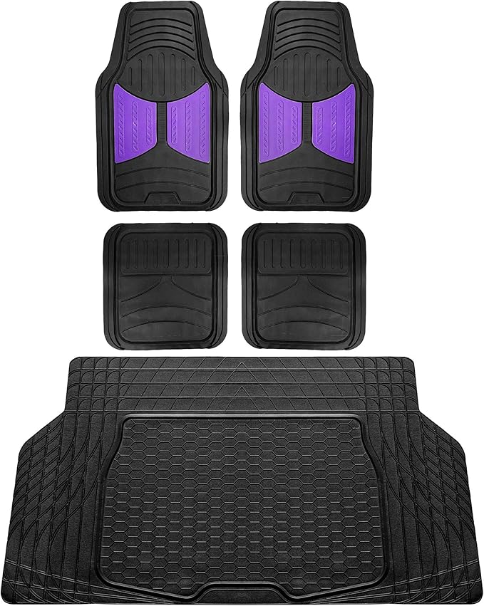 FH Group Monster Eye Full Set Rubber Floor Mats w. Trimmable Vinyl Trunk Liner/Cargo Mat Black- Fit Most Car, Truck, SUV, or Van (Purple/Black) F11313- F16403