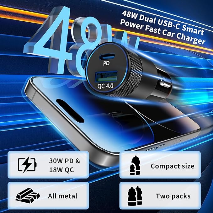 48W USB C Car Charger, Dual Port Fast Car Charger with PD&QC4.0, Ultra-Fast Charging for i Phone 16/15 Pro/Samsung S24, Compatible with Car/Truck/SUV, Perfect for Drivers, Travelers & Tech Enthusiasts
