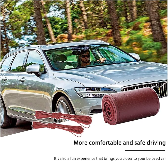 Kewucn Genuine Leather Steering Wheel Cover, 15" Universal Car Steering Wheel Protector with Needle Thread, Breathable Anti-Slip Steering Wheel Cover DIY Stitch on Wrap (Wine Red, Full Hole)
